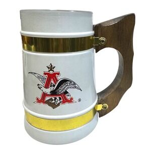 Anheuser-Busch Vintage Beer Stein Wooden Handle Frosted Glass Mug White